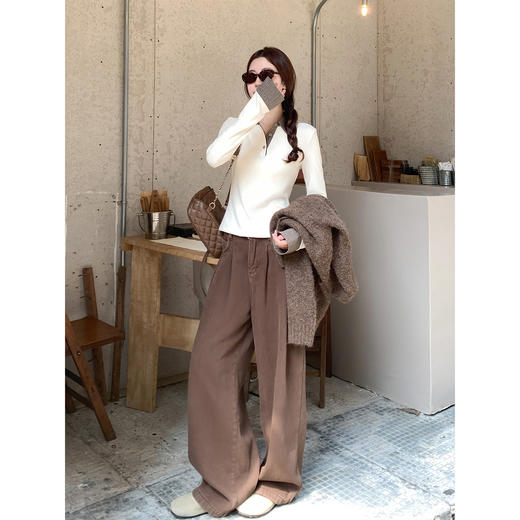 <曾小咸推荐> 韩系杏色长袖v领t恤女早秋假两件修身内搭打底衫单穿上衣 商品图1