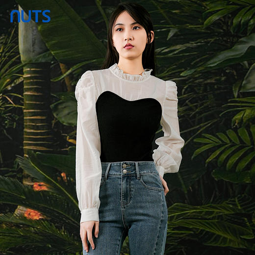 NUTS春秋季新款法式修身时尚拼接套头针织衫假两件女411051019 商品图0