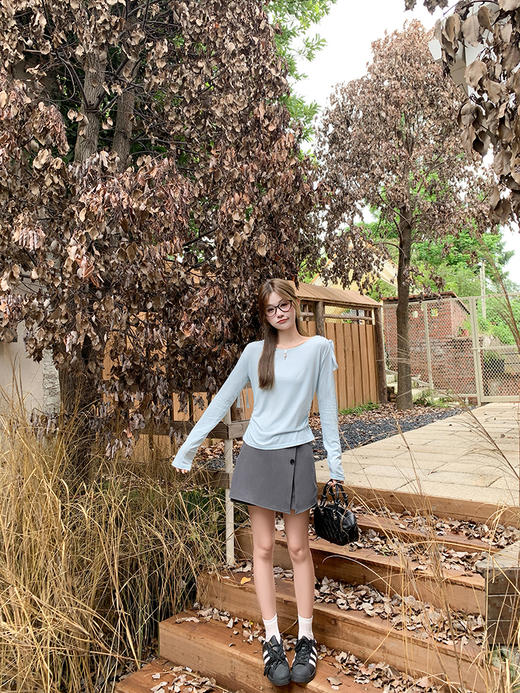 【110元任选2件】现货！抽绳绑带大领口长袖T恤女修身 商品图9