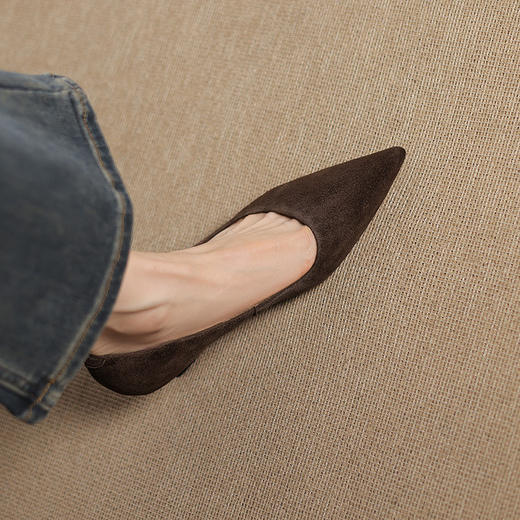 OLD Z487法式尖头磨砂真皮浅口单鞋粗跟通勤一脚蹬高跟鞋 商品图2