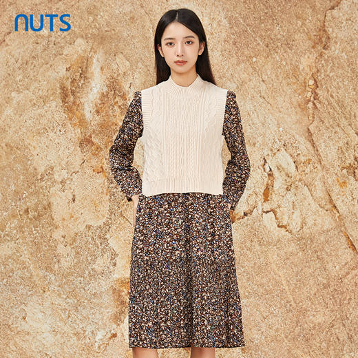 NUTS秋冬款时尚气质复古针织背心碎花长袖连衣裙套装女342102260 商品图0