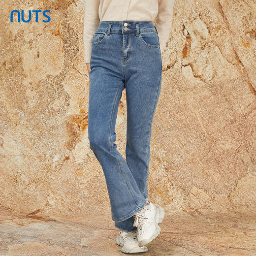 NUTS商场同款秋冬季蓝色复古气质高腰修身微喇牛仔裤女341112222 商品图2