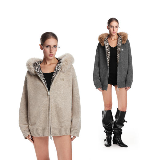 FDR官方店 毛领豹纹毛衣开衫外套女2025新款秋冬连帽情侣针织衫男 商品图0