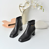 经典鲨2025年冬季新款时尚方头羊皮革侧拉链高粗跟短筒靴女KG25-558191 商品缩略图1