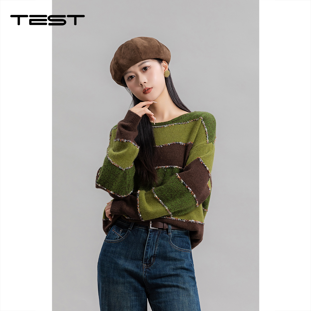 冬上新轻奢质感绿棕撞色柔软精致毛衣1254037