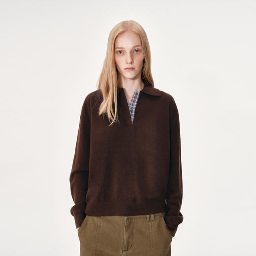 NUTH 100%纯羊毛格纹拼接宽松长袖polo领针织衫女 商品图3