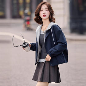 拼接假两件连帽加绒短外套，小个子休闲宽松夹克上衣HR-8951