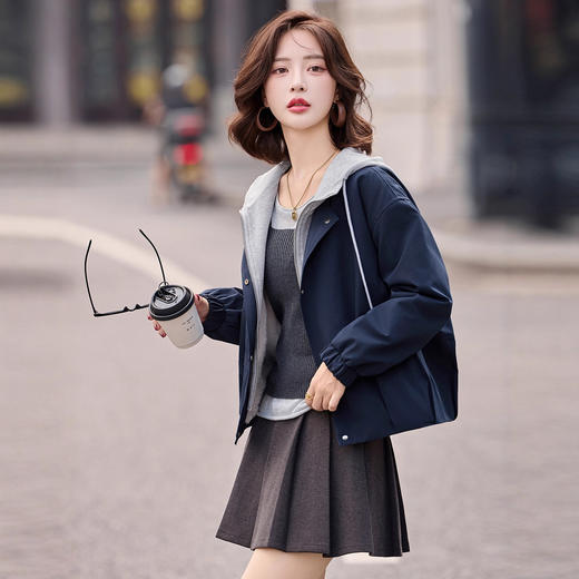 拼接假两件连帽加绒短外套，小个子休闲宽松夹克上衣HR-8951 商品图0