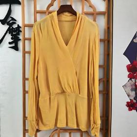 仅一件！ 【断码清仓】复古优雅姜黄色显瘦长袖亮丝针织交领上衣日常穿搭气质打底衫ZFYY014