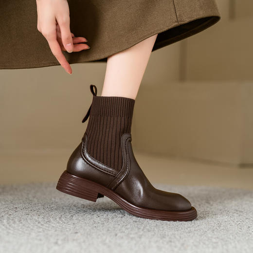 【预售5天】秋冬巨好看洋气牛皮毛线筒马丁靴女英伦风中跟粗跟短靴女XMV&H315 商品图3