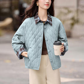 雀说格子领菱格轻薄棉服夹棉外套女短款新款小个子拼接棉衣AL25113