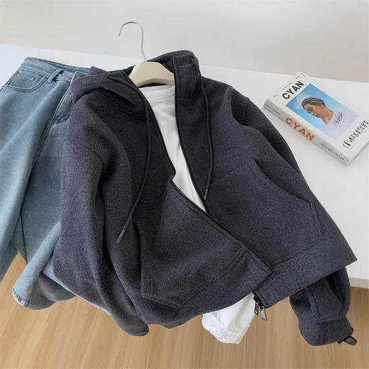 重磅加厚深灰色卫衣外套！女款气质慵懒保暖百搭早春韩版连帽拉链开衫！ 商品图1