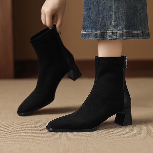【预售5天】复古风百搭高跟短靴女秋冬新款方头时尚拼接粗跟时装靴瘦瘦靴AJ&JL-838 商品图4