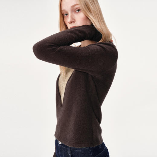 NUTH 假两件撞色修身正肩v领针织衫上衣女 棕色 商品图3