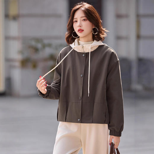 拼接假两件连帽加绒短外套，小个子休闲宽松夹克上衣HR-8951 商品图2