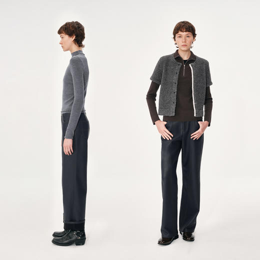 NUTH 复合宽松直筒皮裤加绒保暖休闲裤女 藏青色 商品图2