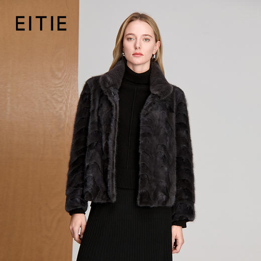 EITIE爱特爱短款小高领拼貂极佳海浪风格H版型简洁时尚皮衣8493112 商品图0