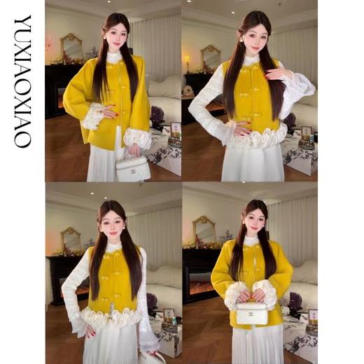 余潇潇【黄玫瑰与白玫瑰】中式盘扣羊毛羊驼兔绒拼接水貂马甲&外套 商品图0