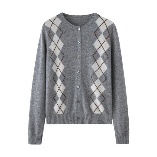 「高货qj」全新升级【铂金会员404/天猫549/差价145】(05832)洛诗琳新款菱格羊绒开衫2025秋冬圆领气质提花长袖毛衣女 商品图4