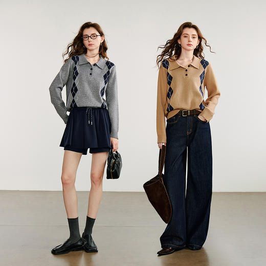 初语 秋冬季复古学院风毛衣女 菱格轻运动减龄百搭针织上衣 商品图4