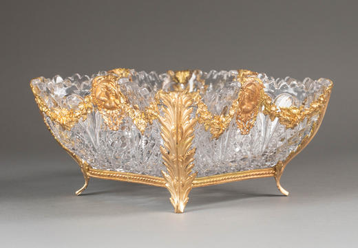 独角鹿西洋古董1930年代葡萄牙出品玫瑰花蔓与女子肖像主题铜鎏金精雕装饰菱格纹切割水晶果樽 商品图2