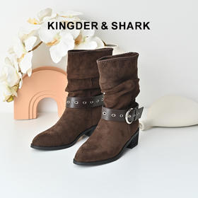 经典鲨2025年冬季专柜新款气质尖头中粗跟时尚褶皱堆堆靴女KW89-558201