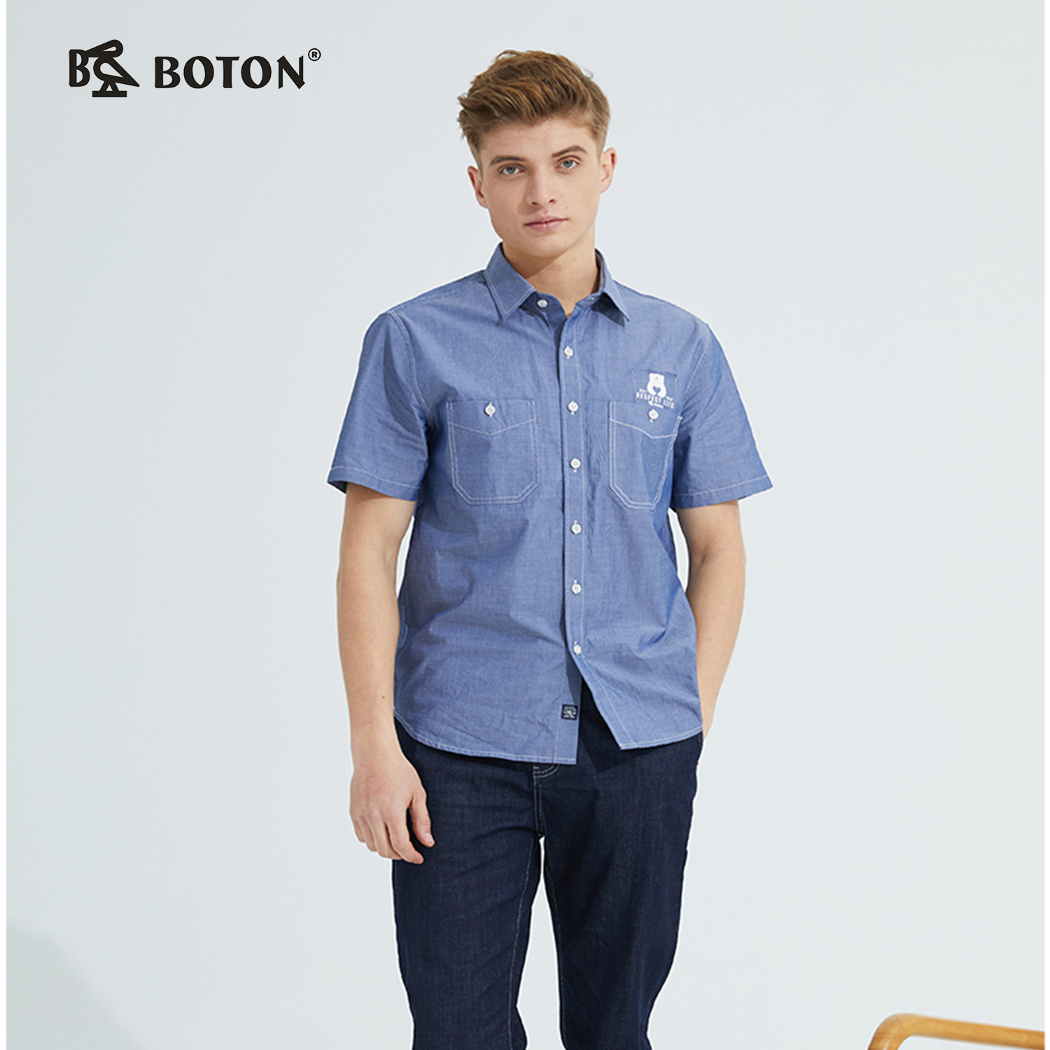 波顿男装夏季纯色翻领短袖衬衫商务休闲半袖高端衬衣MS595221