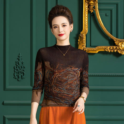 WW H2855水溶羊毛针织衫半高领印花上衣 商品图1