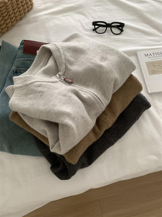 紧密厚实拉链衫！女款气质通勤慵懒垂感百搭圆领针织开衫秋冬毛衣外套！ 商品图1