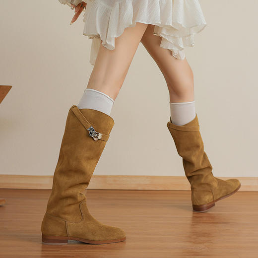 【预售7天】2.5cm~圆头复古牛皮骑士靴西部牛仔靴女冬低跟长筒堆堆靴HB&1589 商品图1