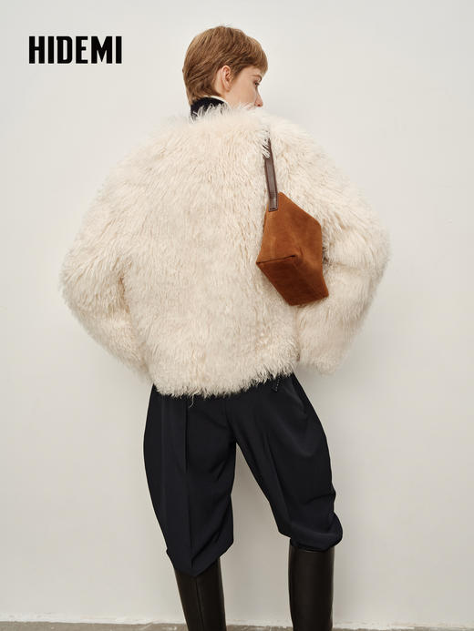 HIDEMI 进口新西兰长毛羊羔毛环保未染色皮毛一体外套 自然白 商品图8