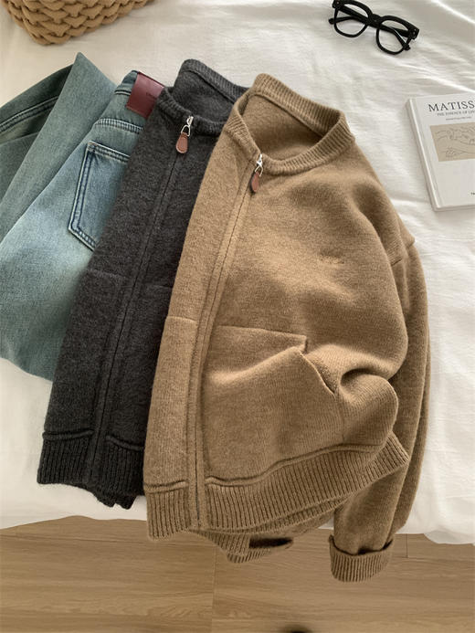 紧密厚实拉链衫！女款气质通勤慵懒垂感百搭圆领针织开衫秋冬毛衣外套！ 商品图2