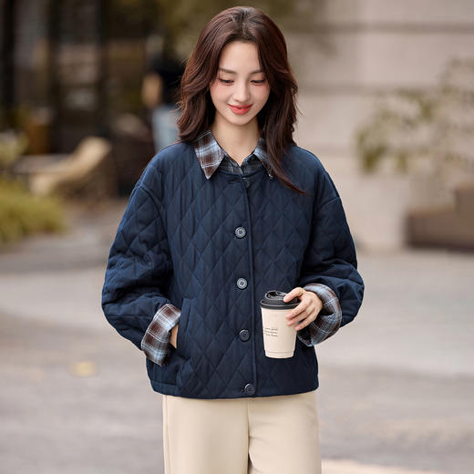雀说格子领菱格轻薄棉服夹棉外套女短款新款小个子拼接棉衣AL25113 商品图3