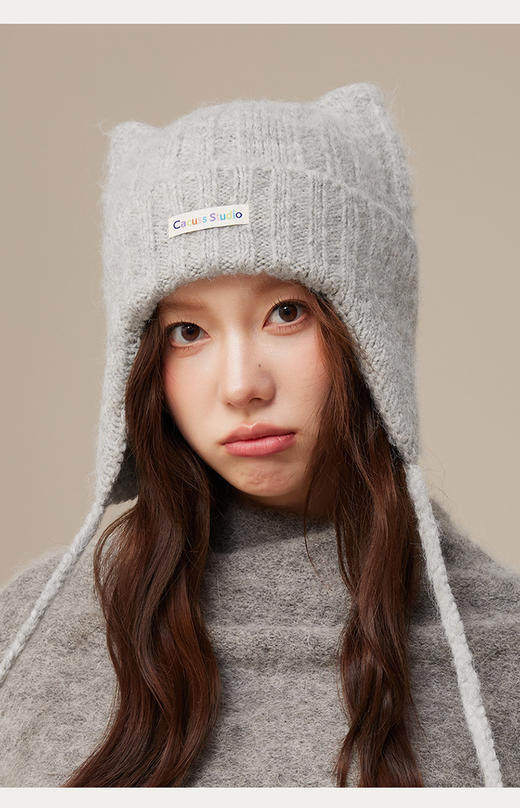 CACUSS猫耳朵针织帽子女秋冬含羊毛保暖护耳毛线帽可爱减龄显脸小ZZ250737 商品图2