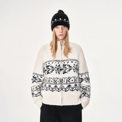 NUTH 费尔岛提花立领宽松拉链开衫针织外套女 白色（发货时间同步天猫） 商品图1