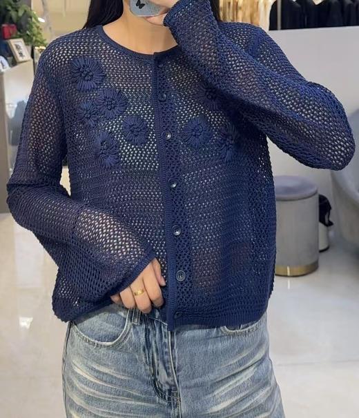 伯妮斯茵 | 复古慵懒 镂空针织开衫 立体花朵装饰 软糯亲肤 日常叠穿款  SZ3A62-帝释青针织衫-《檖》 商品图0