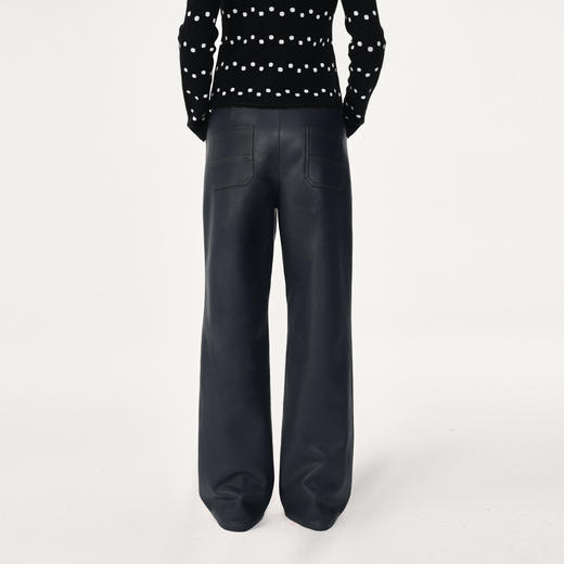 NUTH 复合宽松直筒皮裤加绒保暖休闲裤女 藏青色 商品图5