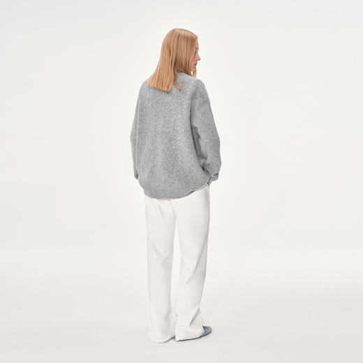 NUTH 羊毛混纺V领宽松保暖中长款毛衣针织开衫女 浅灰色/深灰色 商品图3