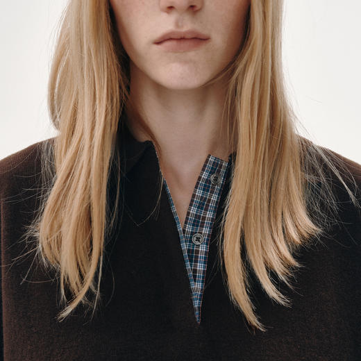 NUTH 100%纯羊毛格纹拼接宽松长袖polo领针织衫女 商品图2