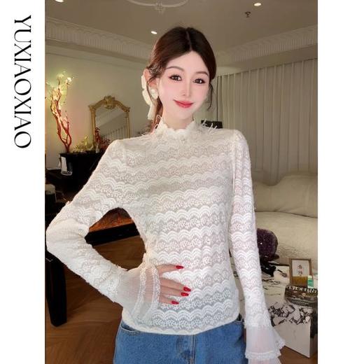 余潇潇【月神海浪】精致百搭高弹力拼接亮片立体花朵蕾丝打底上衣 商品图4