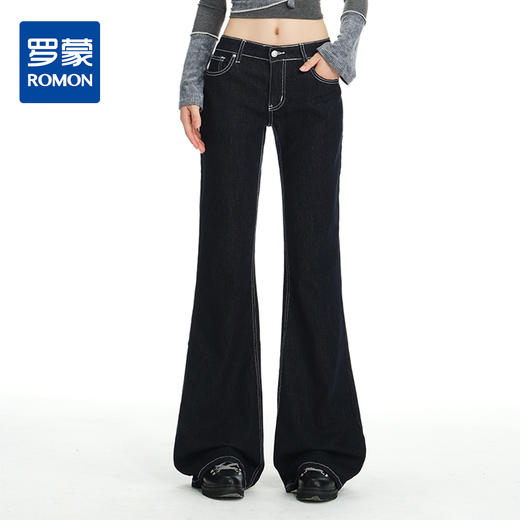 罗蒙女士春秋牛仔裤深色复古低腰微喇百搭显瘦宽松拖地喇叭小个子裤子 商品图0