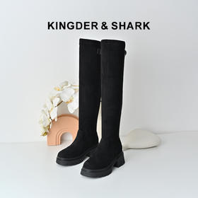 经典鲨2025冬季新款百搭黑色中粗跟过膝长筒弹力靴瘦瘦靴女KW96-558051