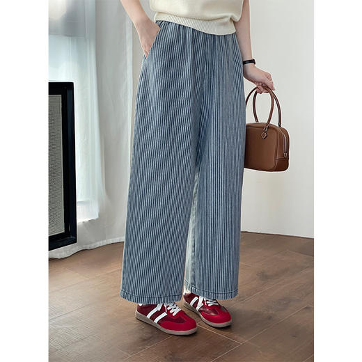 2025竖条纹柔软阔腿牛仔裤女休闲百搭松紧腰显瘦休闲长裤！ 商品图0