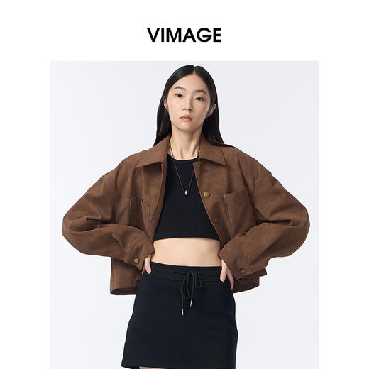 VIMAGE纬漫纪宽松复古巧克力色短款秋冬新款夹克外套V2403111 商品图5