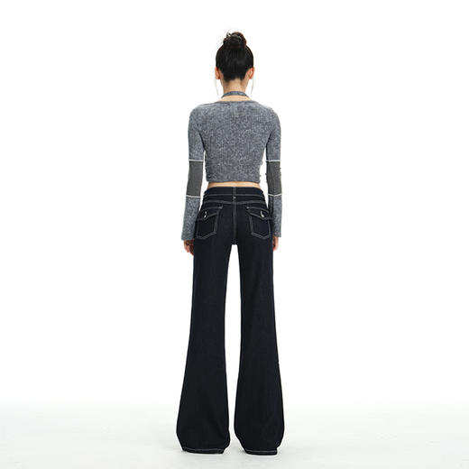 罗蒙女士春秋牛仔裤深色复古低腰微喇百搭显瘦宽松拖地喇叭小个子裤子 商品图6