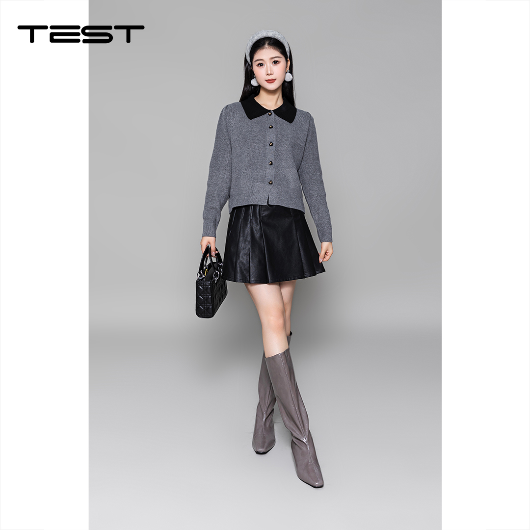 冬上新氛围感必备双色拼接娃娃领开衫毛衣1254045