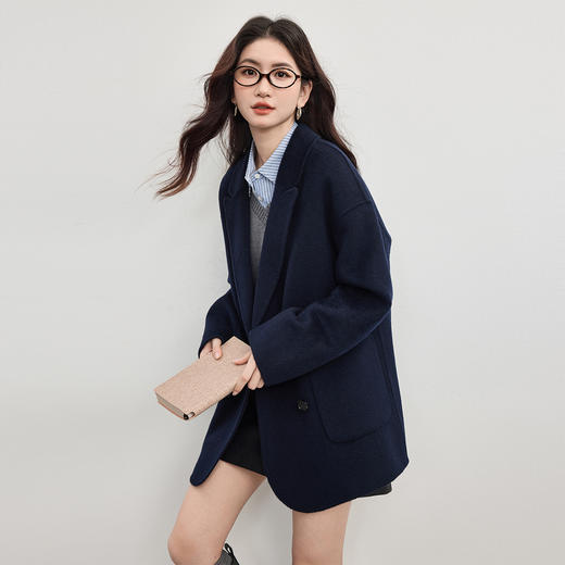 【09/17新品】熙世界绵羊毛双面呢外套女2025秋冬新款高端山羊绒翻驳领毛呢大衣 商品图4