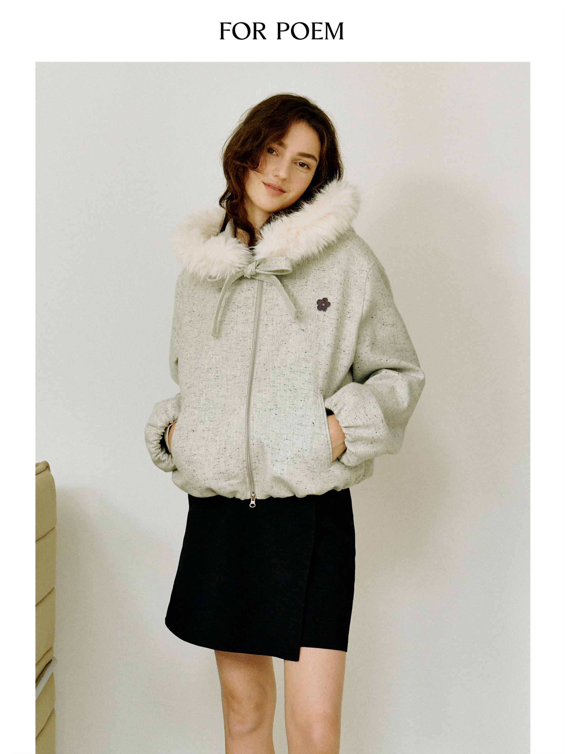 ForPoem 25/FW 原创设计彩点花灰羊毛混纺可拆卸毛领连帽保暖外套