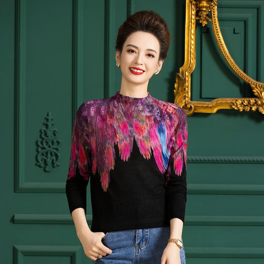 WW H2855水溶羊毛针织衫半高领印花上衣 商品图0