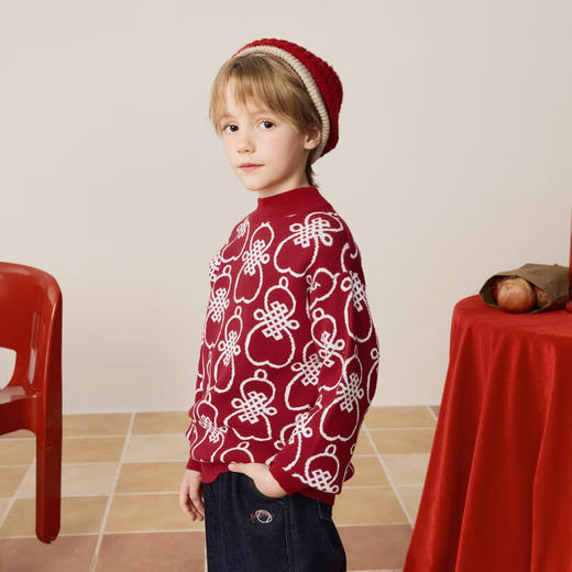 【MQD】【拜年服】男大童冬季喜庆满版潮酷休闲新年半高领毛衣 商品图2